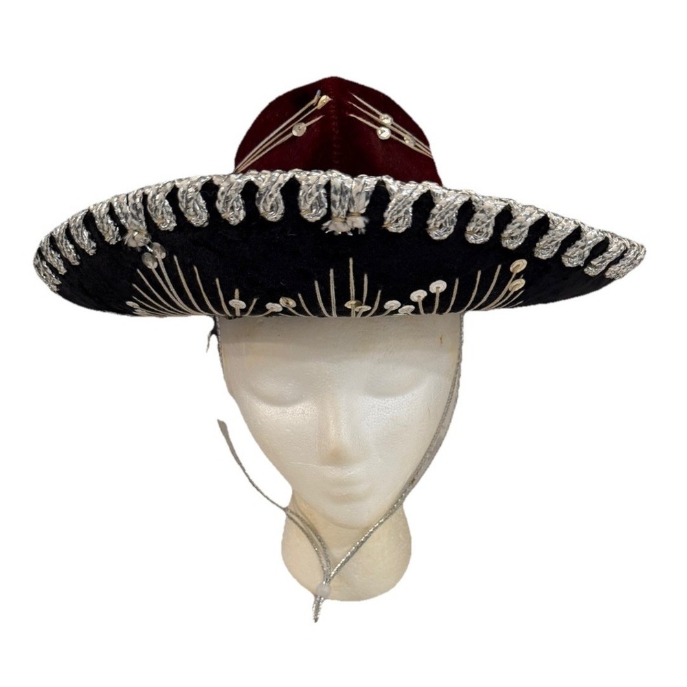 Vintage Salazar Yepez Mariachi Sombrero Burgundy Black Silver Sequins OS